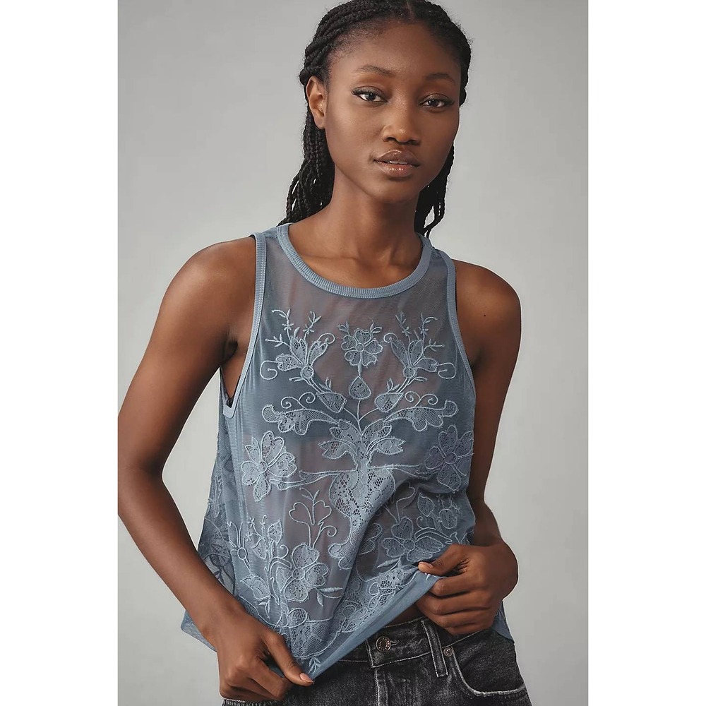 Anthropologie Tank Top Womens 3X Blue Sheer Embroidered Mesh Boho Fairycore